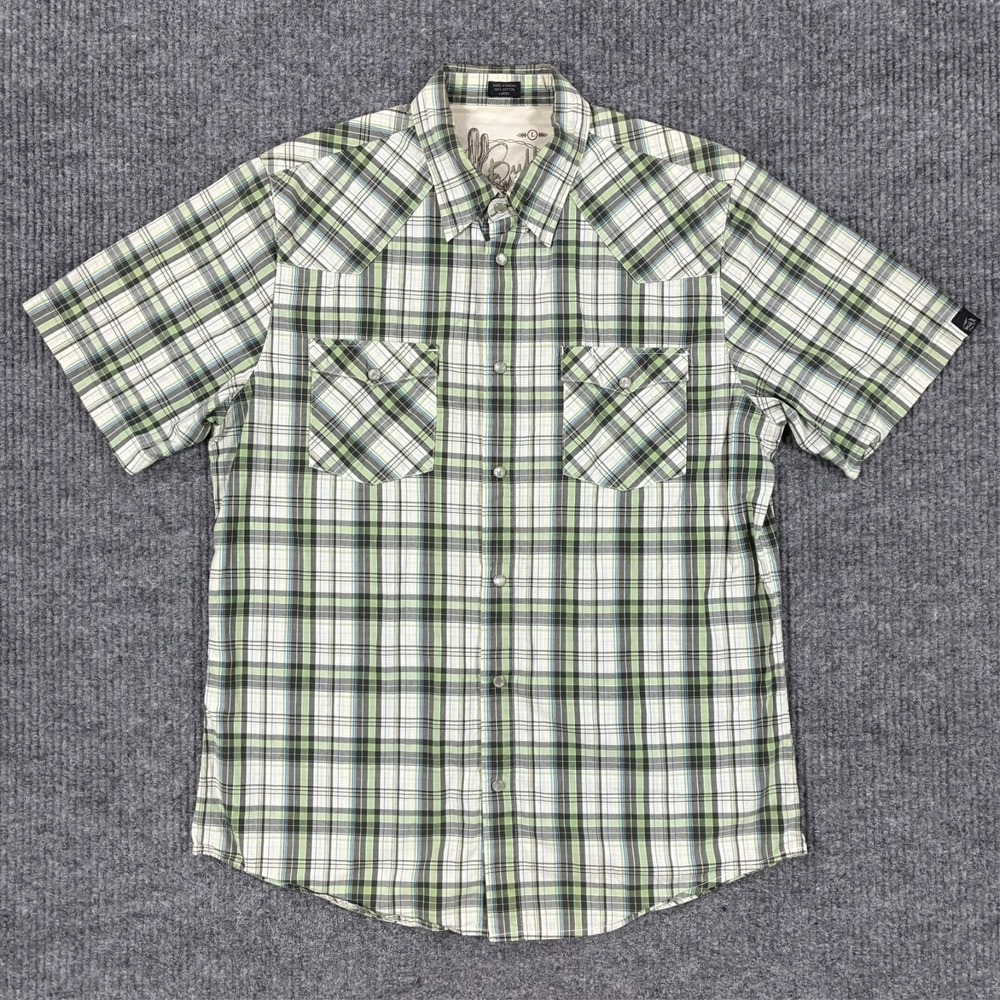 Vintage Bullhead Mens Large Western Plaid Pearl Snap Shirt Green Short Sleeve